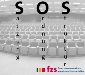 Bild eines Hörsaals mit Text "S O S - Satzung Ordnung Struktur"